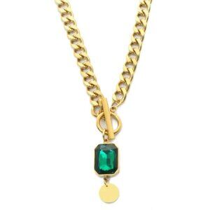 Elegant 18K Gold-Plated Stainless Steel Necklace with Green Gemstone Pendant